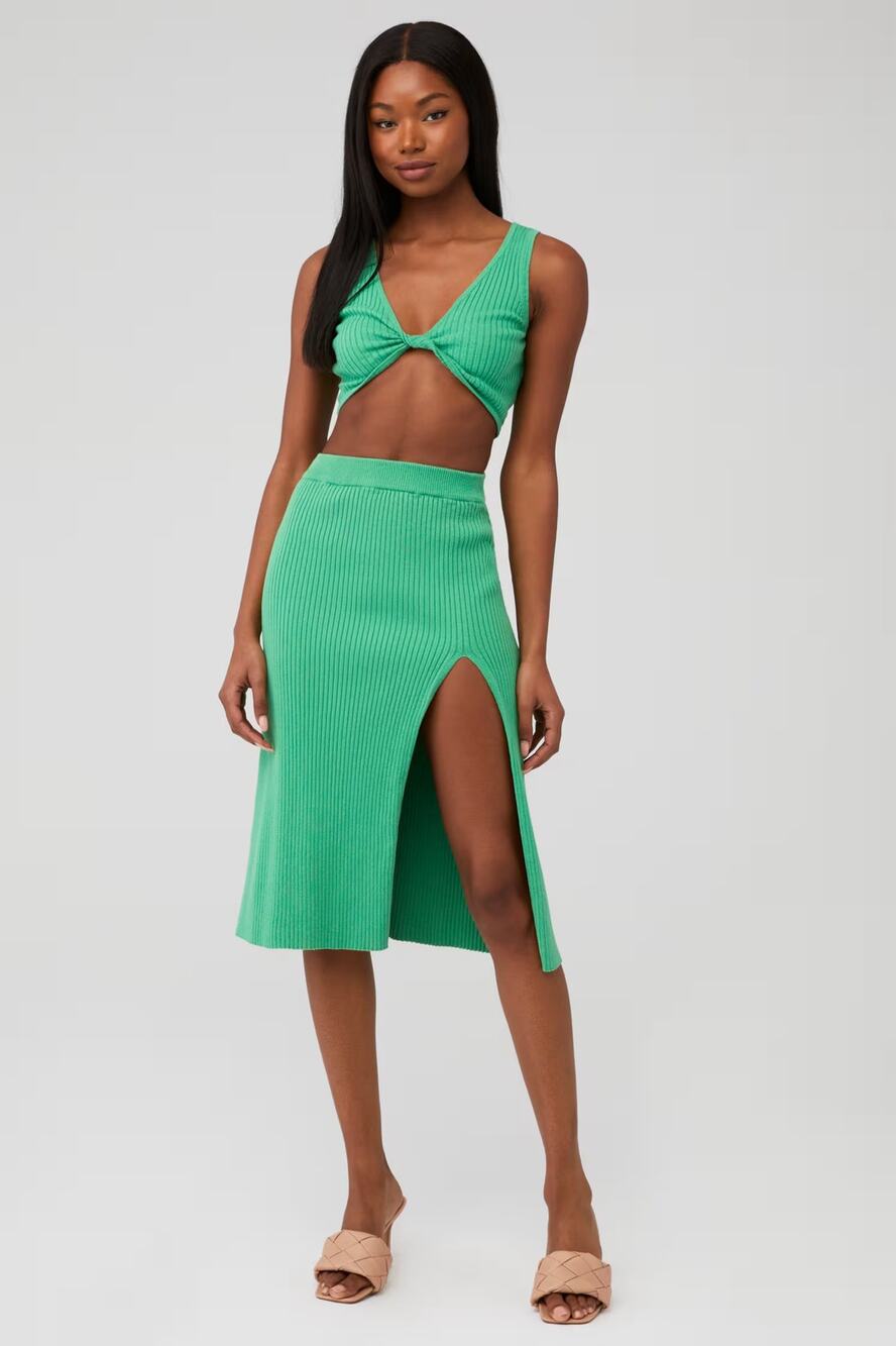 Line & Dot Celia Green Sleeveless Twist Front 2 Piece Ribbed Skirt Set Size L
